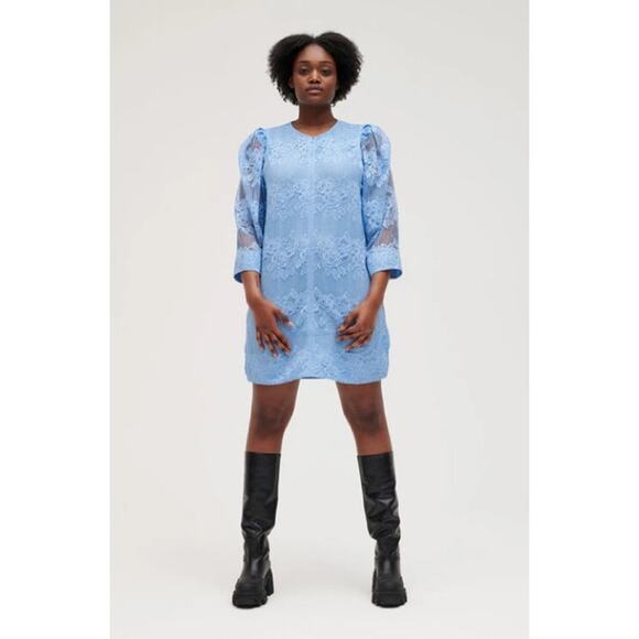 Ganni NWT Lace Puff Sleeve Tie Waist Mini Dress Placid Blue